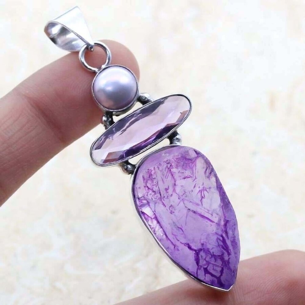 Natural Rough Purple Crystal 925 Stamped  Sterling Silver Necklace.